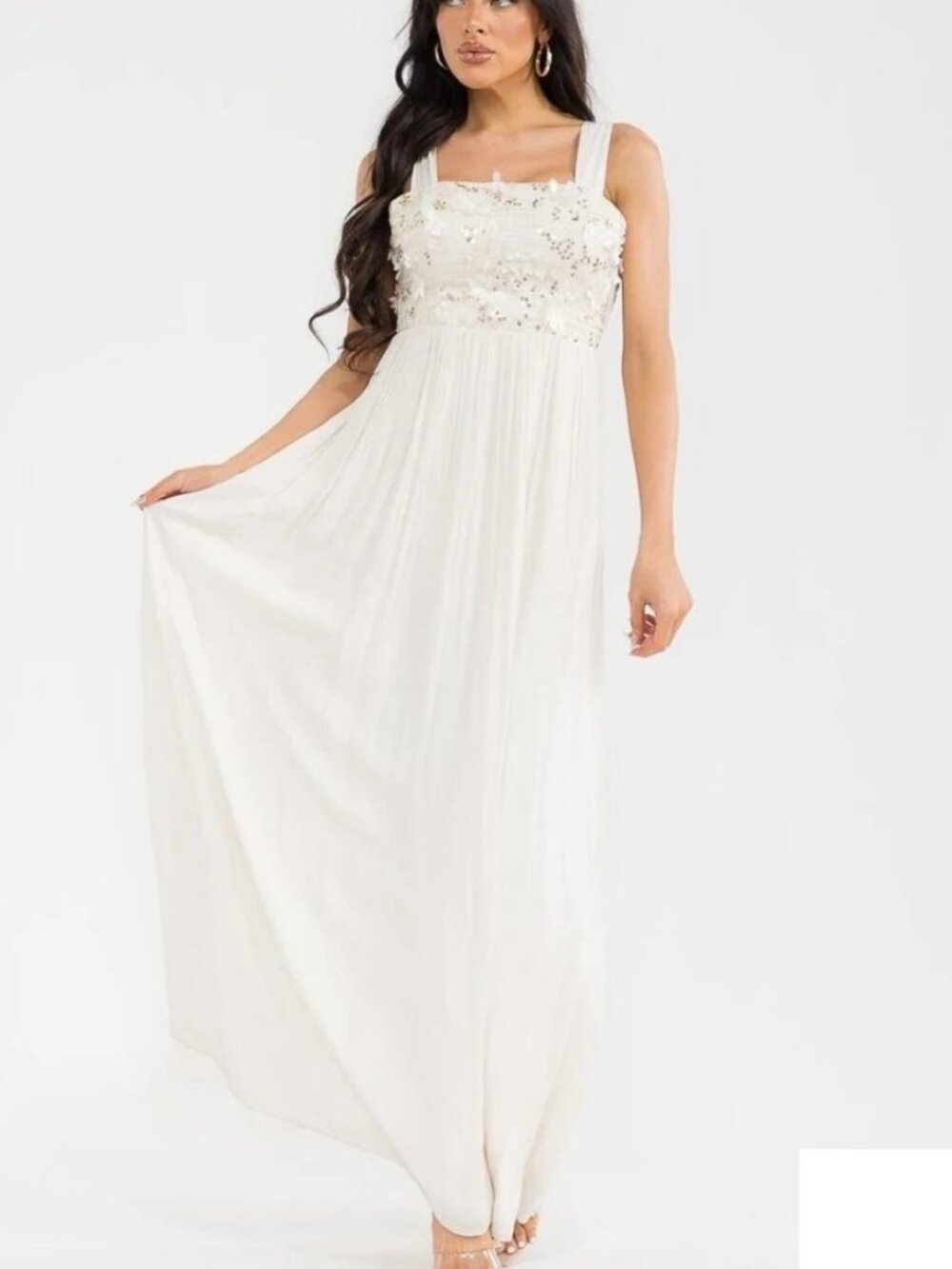 Mustard Seed Ivory Embellished Maxi Dress 3D Floral Sequin Bodice NWT